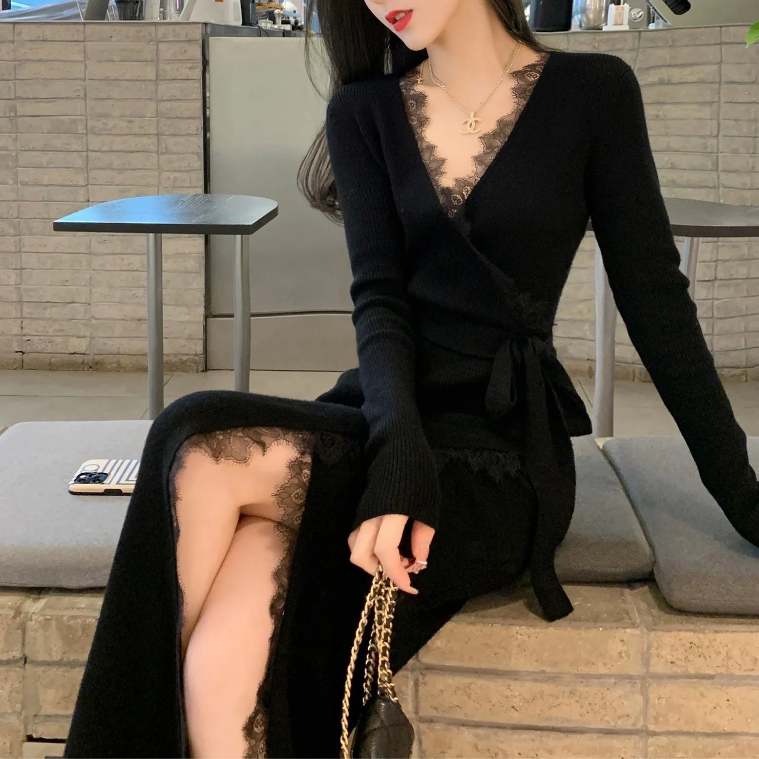 Black women's slim fit woolen skirt with princess dress silhouette