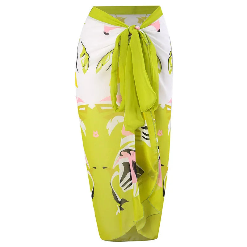 Women's blue one-piece swimsuit with matching gauze dress skirt for swimming.