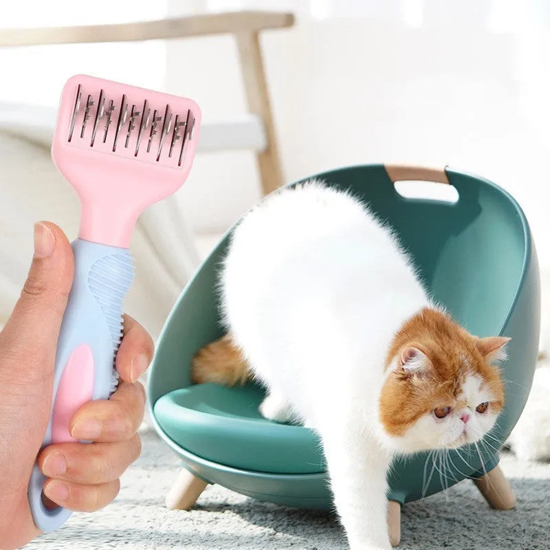 Pink pet grooming comb with stainless steel knot knife, massage brush, and cat brush attachment