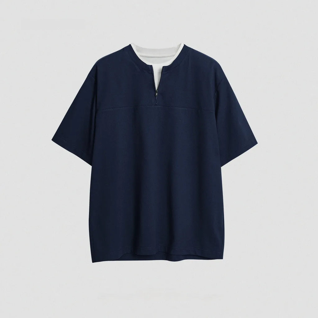 Loose solid colour patchwork top with collar in cotton blend fabric