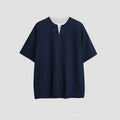 Loose solid colour patchwork top with collar in cotton blend fabric