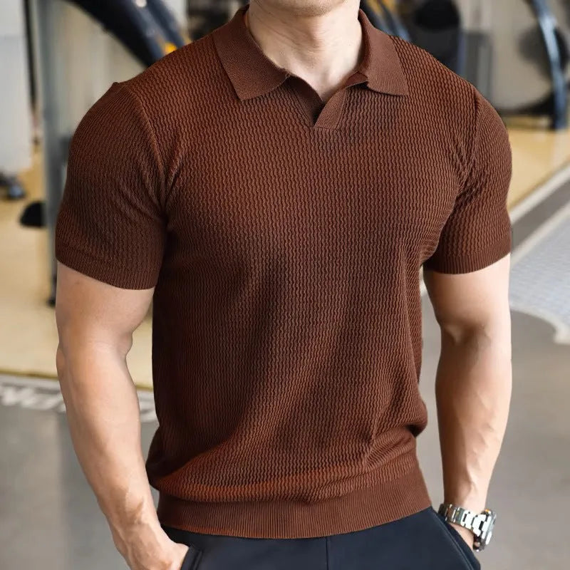 Men's slim fit henry collar polo shirt in lightweight polyester fabric.