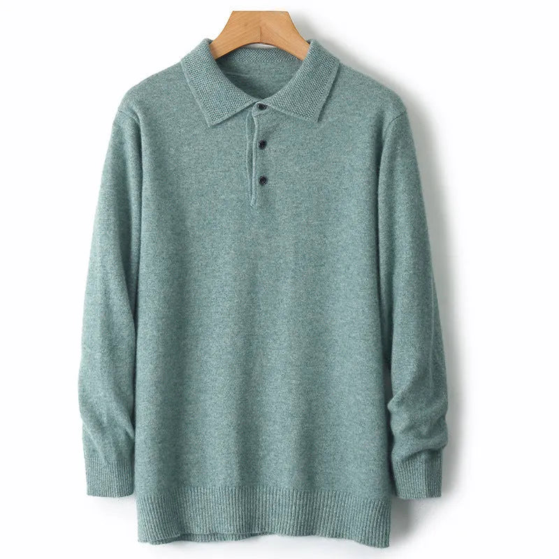 Men's polo collar wool knit sweater in noble blue, shown in a front view.