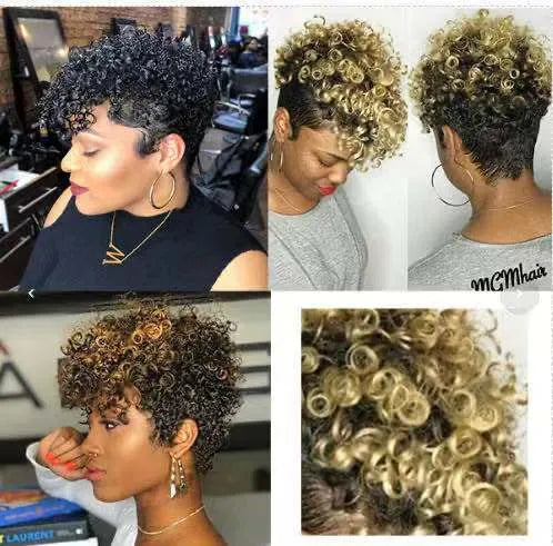 A short synthetic women's wig with simple rolls in an exotic style, shown in black, brown, gold, and grey colour options.