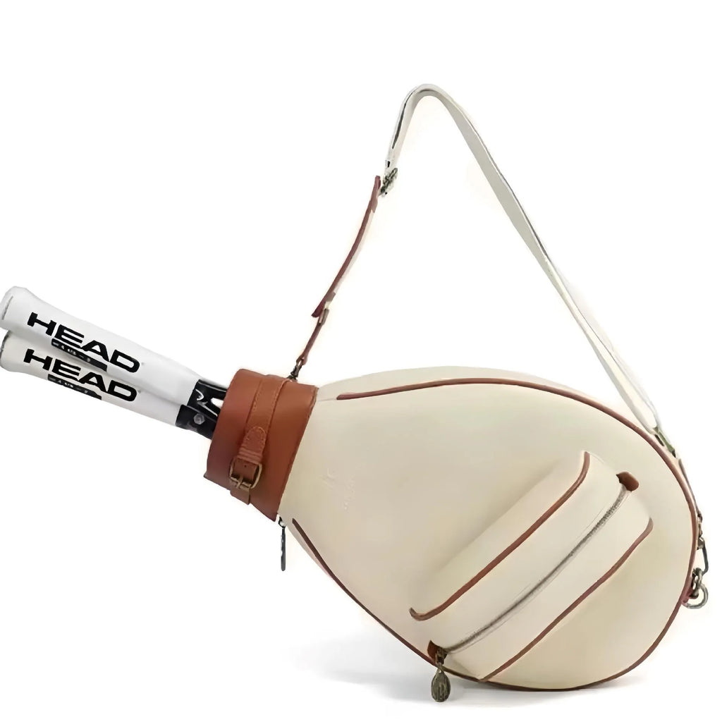Retro-style leather badminton bag for women with a single shoulder strap, shown in a selection of colours.