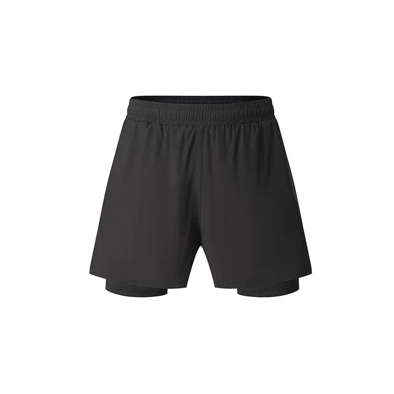 Men's black double-layer running shorts with built-in liner shown on model