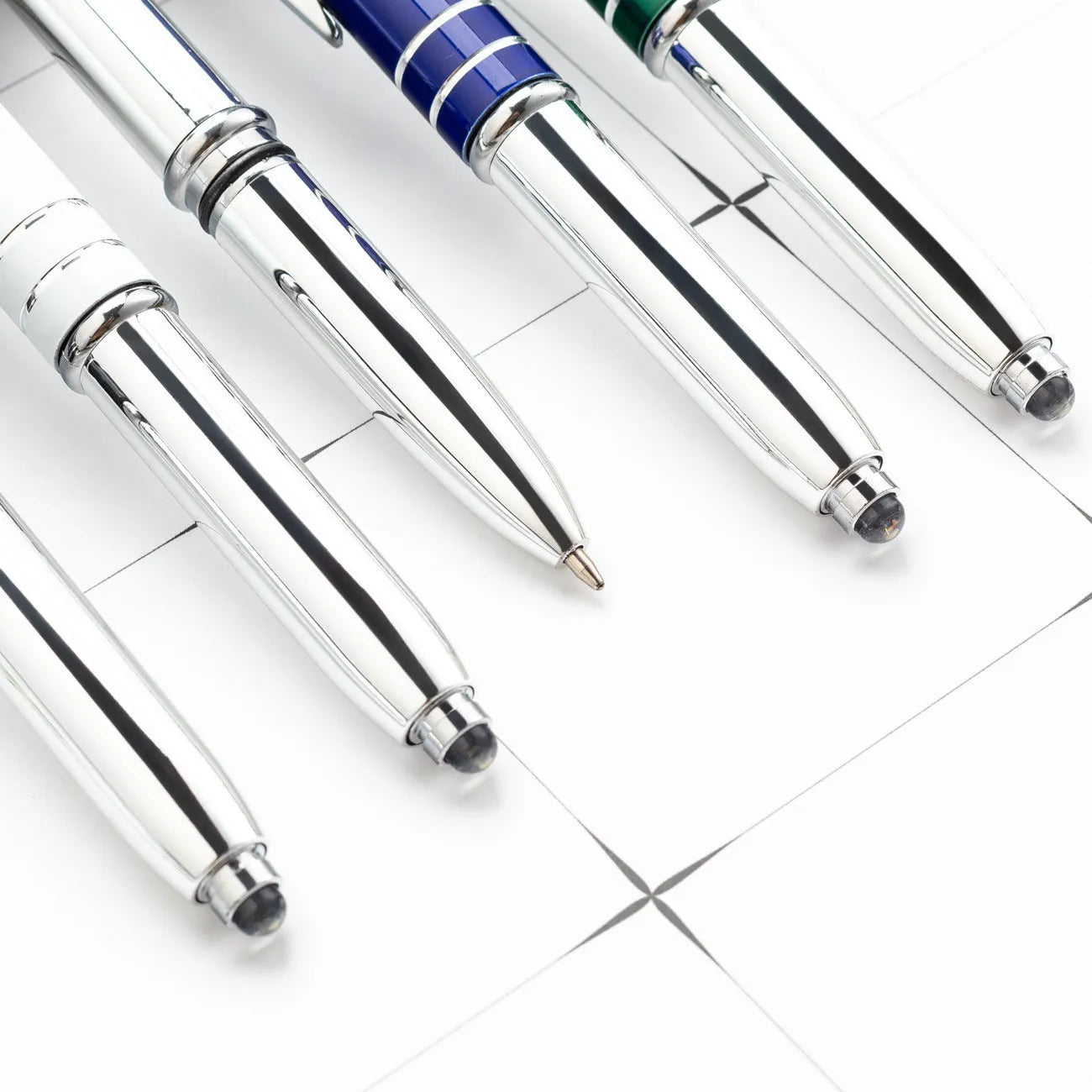 Metal touch screen stylus ballpoint pen with LED light in red, black, white, green, and blue colour options