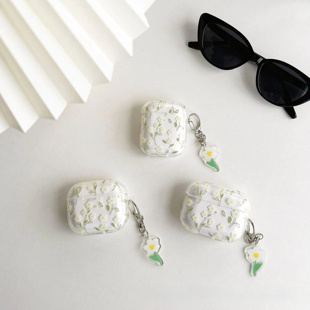 White floral high-transparency TPU protective cover for Apple AirPods showing decorative patterns