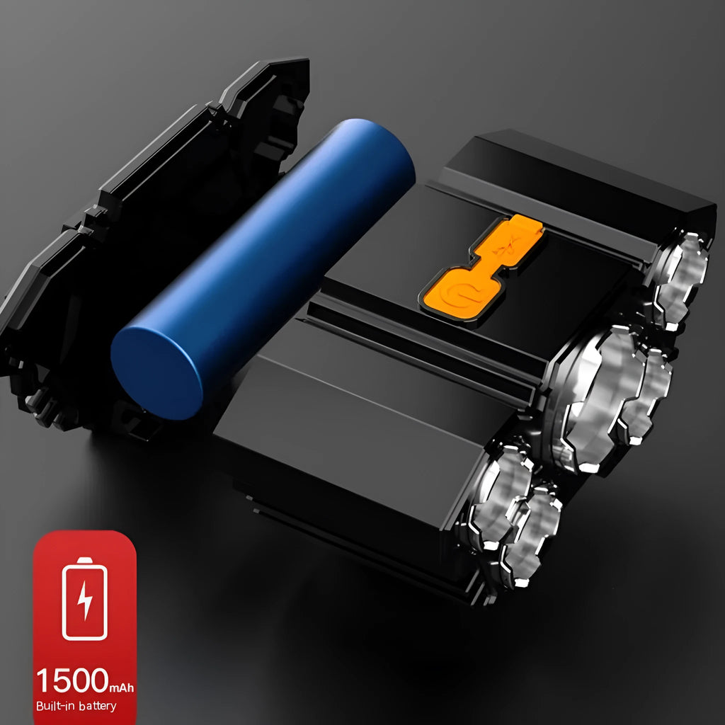 Head-mounted LED miner's lamp flashlight with headlight strip, showing 10W super bright LED and PVC construction
