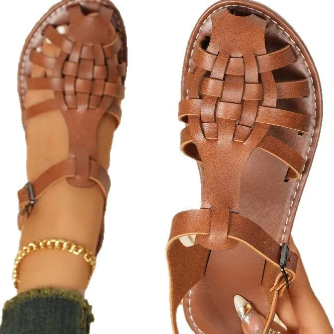 Dark brown women's vintage weave sandals with closed round toe, buckle fastening, and a low-top PU upper.