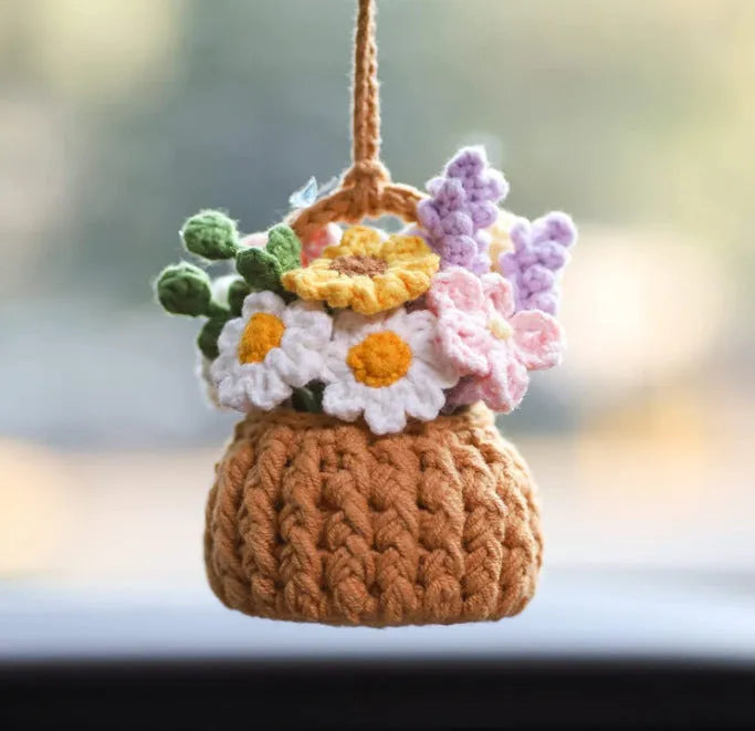 Green and white knitted wool car plant decoration with 8cm base and 25cm hanging rope