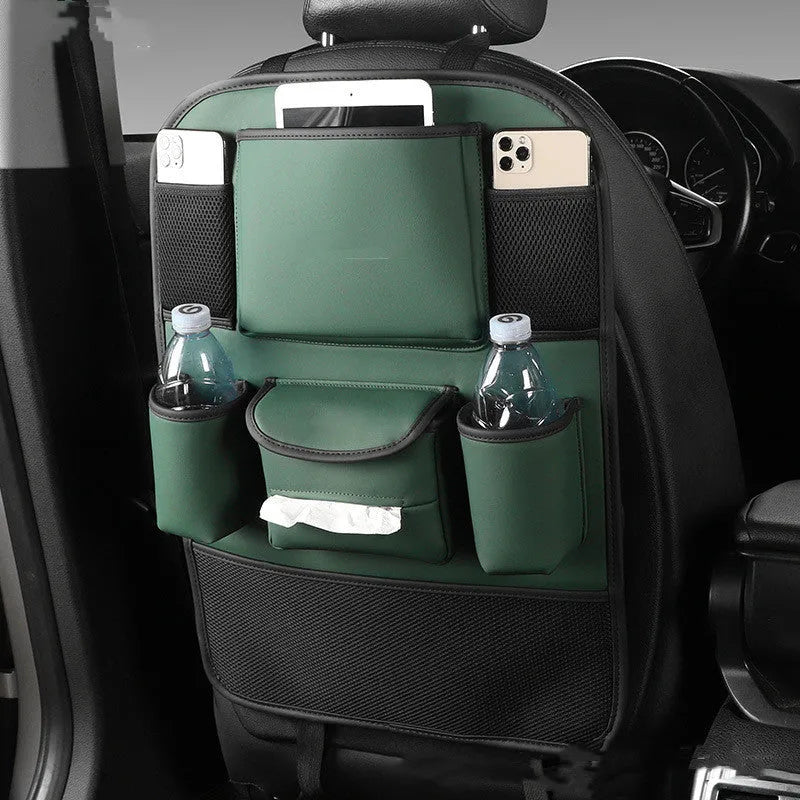 Genuine leather car seat back storage bag hanging from vehicle seat