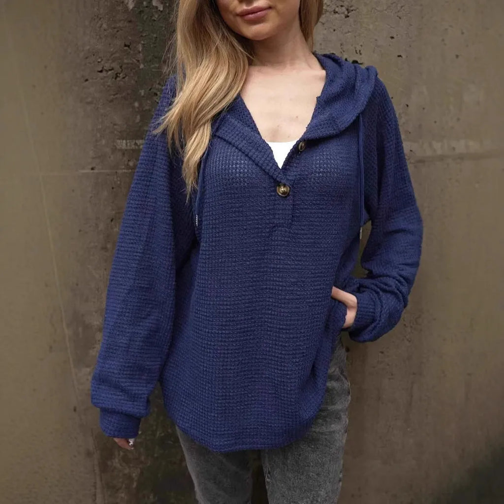 Solid colour women's hoodie with drawstrings and V-neck in dark blue, loose long sleeve polyester sweatshirt