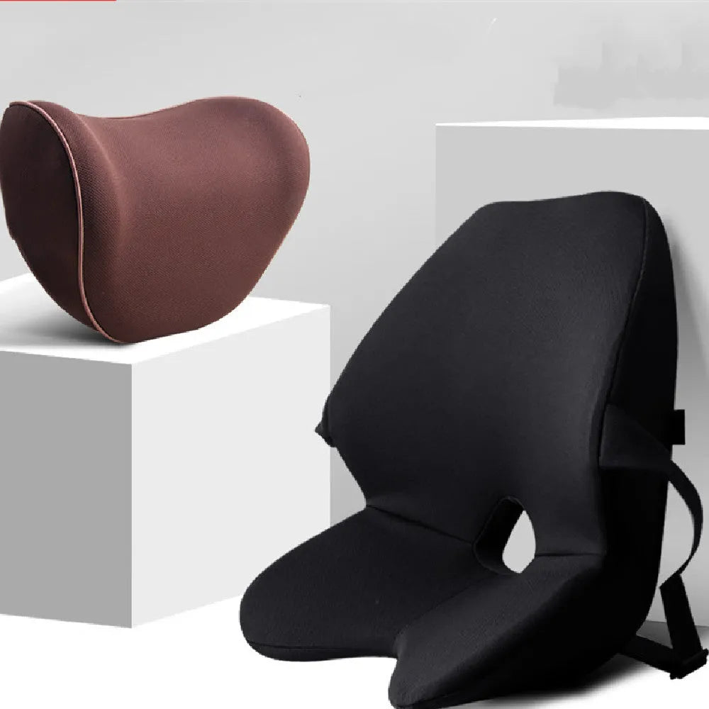 Car lumbar support cushion with memory foam, shown in beige and black, featuring a one-piece design.