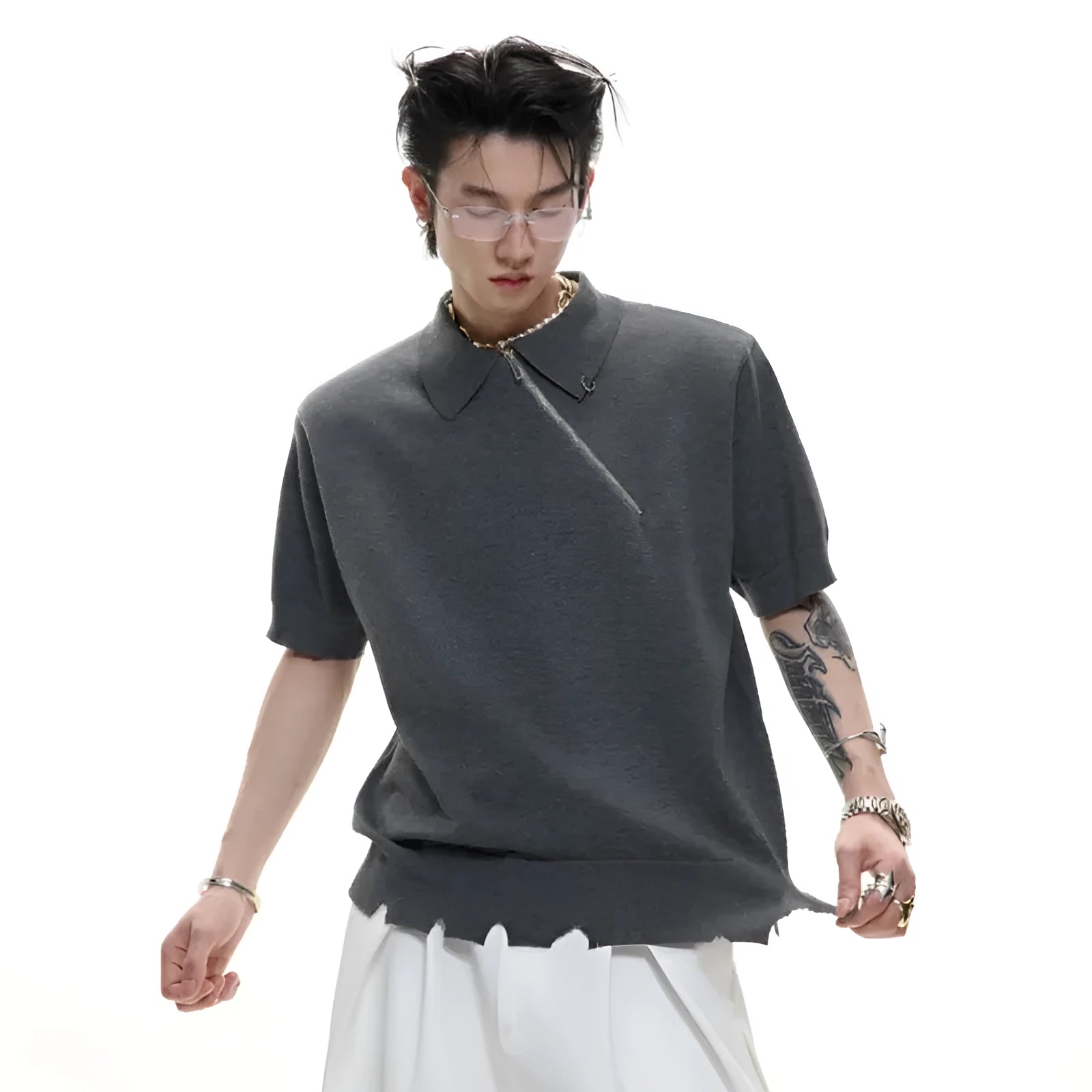 Men's black slim-fit knitted polo shirt with oblique zip and lapel collar