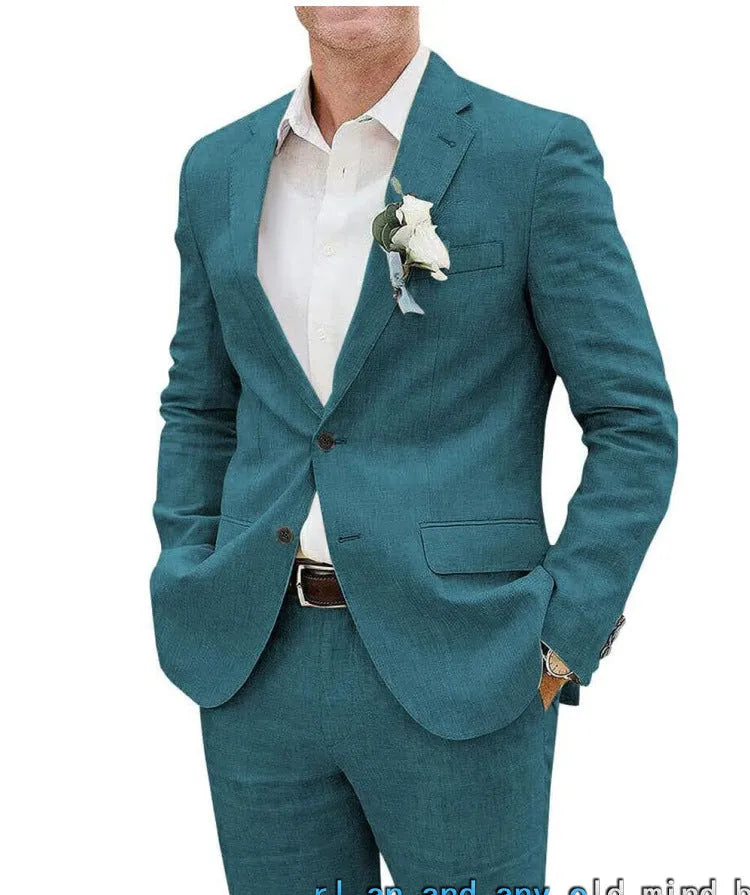Men's slim fit two-piece suit in a linen blend fabric for business and banquet events.