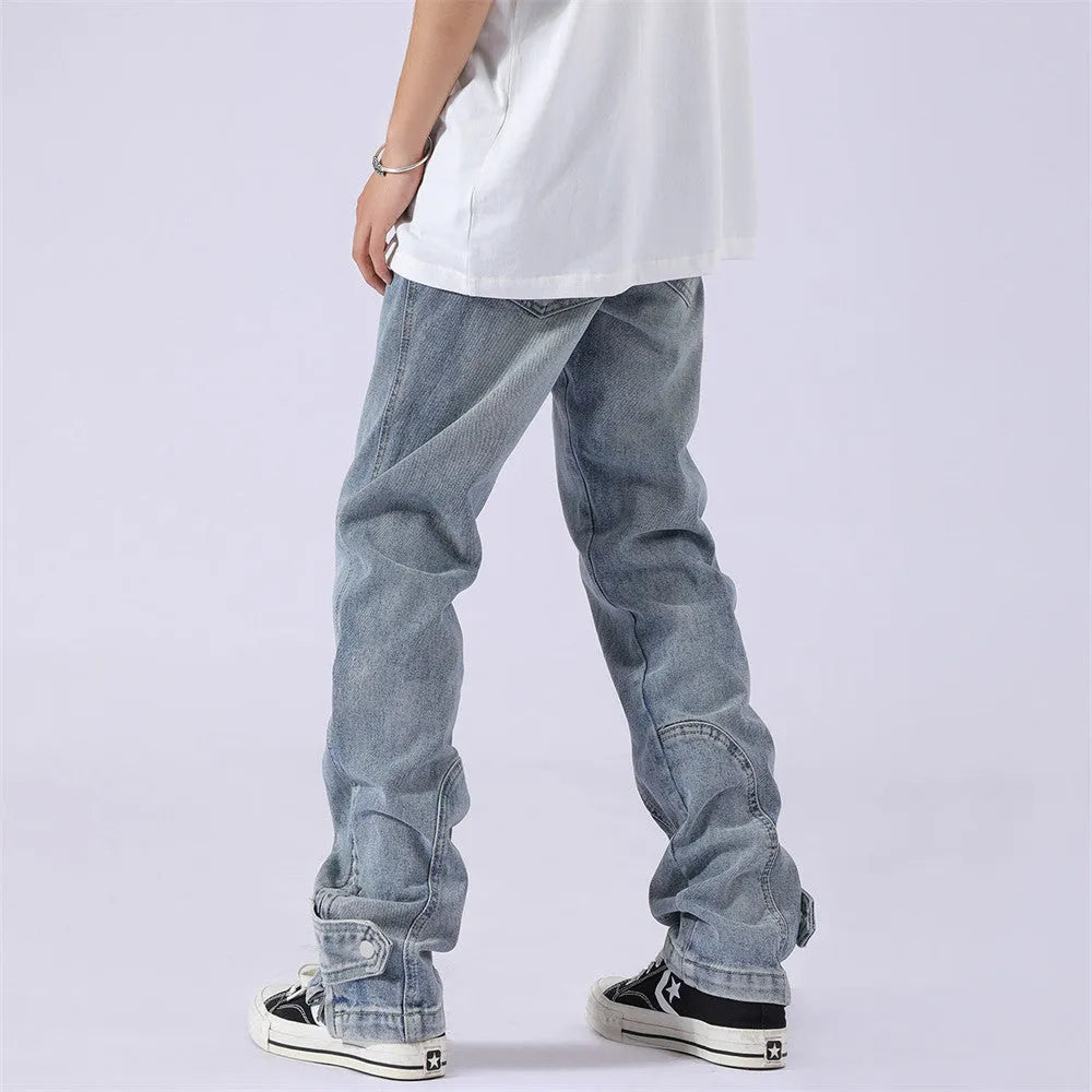 Blue cotton patchwork straight-leg jeans for men with size chart S to XXL