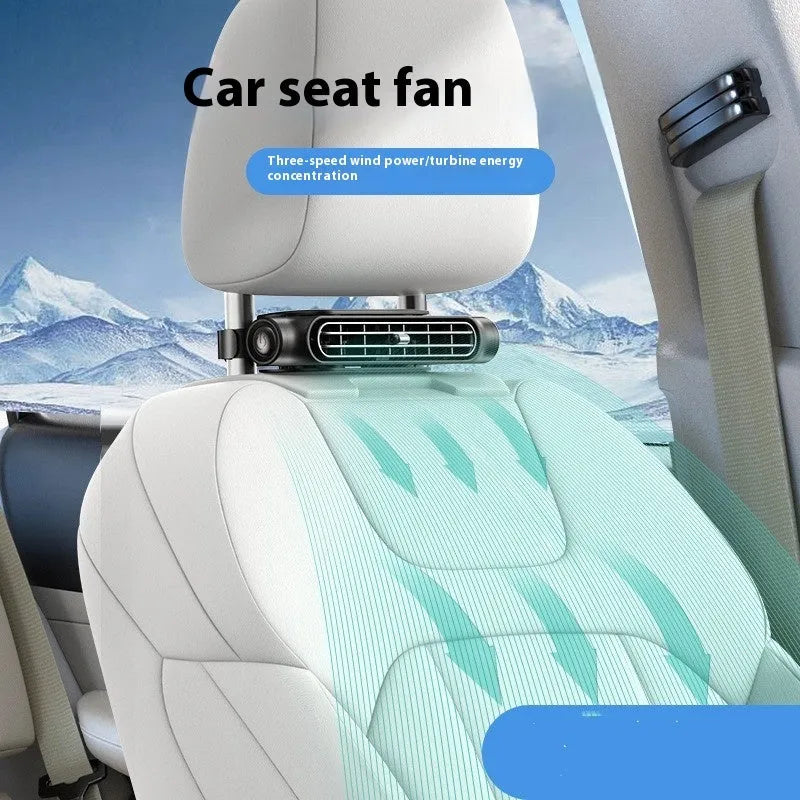 USB plug-in car seat fan with velcro straps, shown in beige colour, mounted on a car headrest.