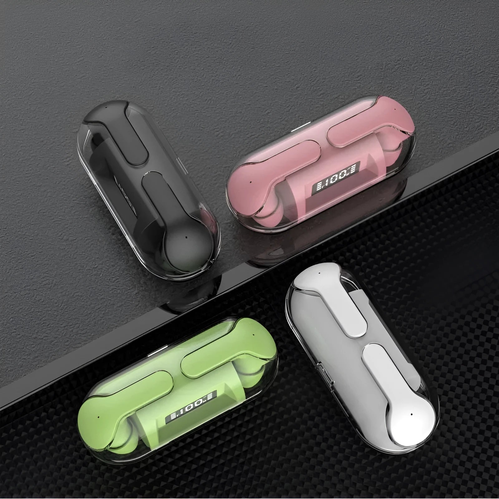 Air13 Pro fully transparent Bluetooth earbuds with 8mm horn and charging box in black