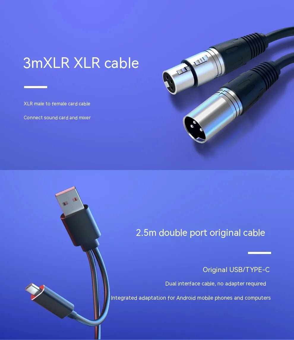 Dynamic noise reduction condenser microphone in black, pink, or white with XLR cable and adjustable desktop bracket.