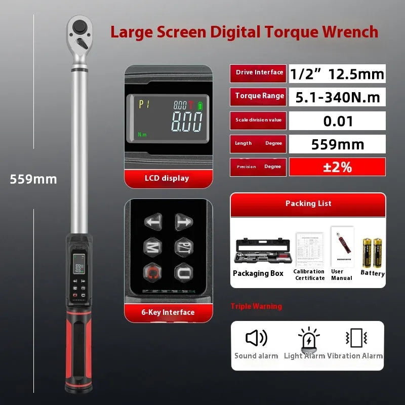 Digital display torque wrench showing electronic readout with chrome-vanadium steel construction