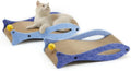 Blue fish-shaped cardboard cat scratcher lounge with a dangling bell ball toy for indoor cats.