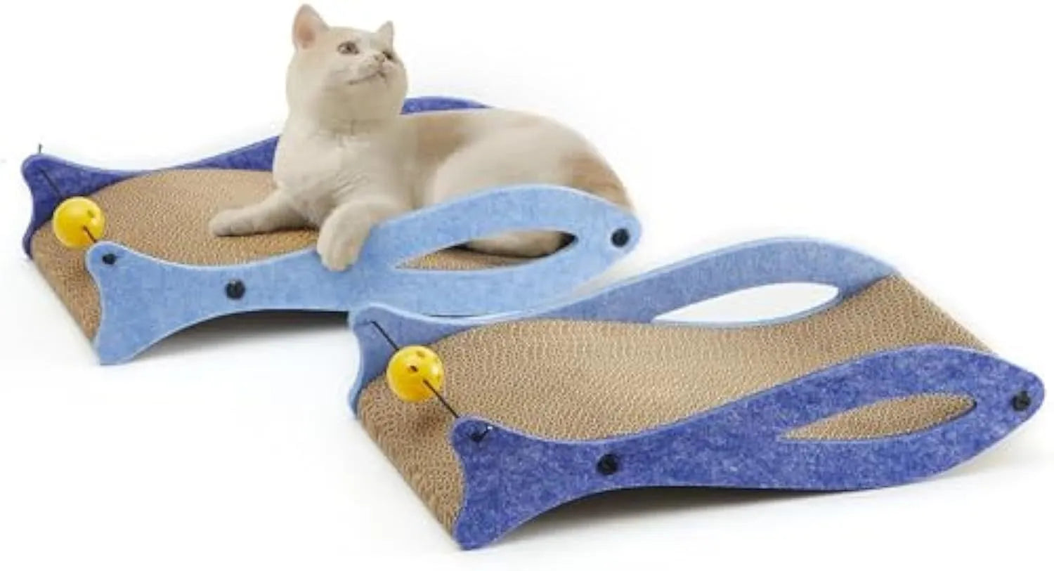 Blue fish-shaped cardboard cat scratcher lounge with a dangling bell ball toy for indoor cats.