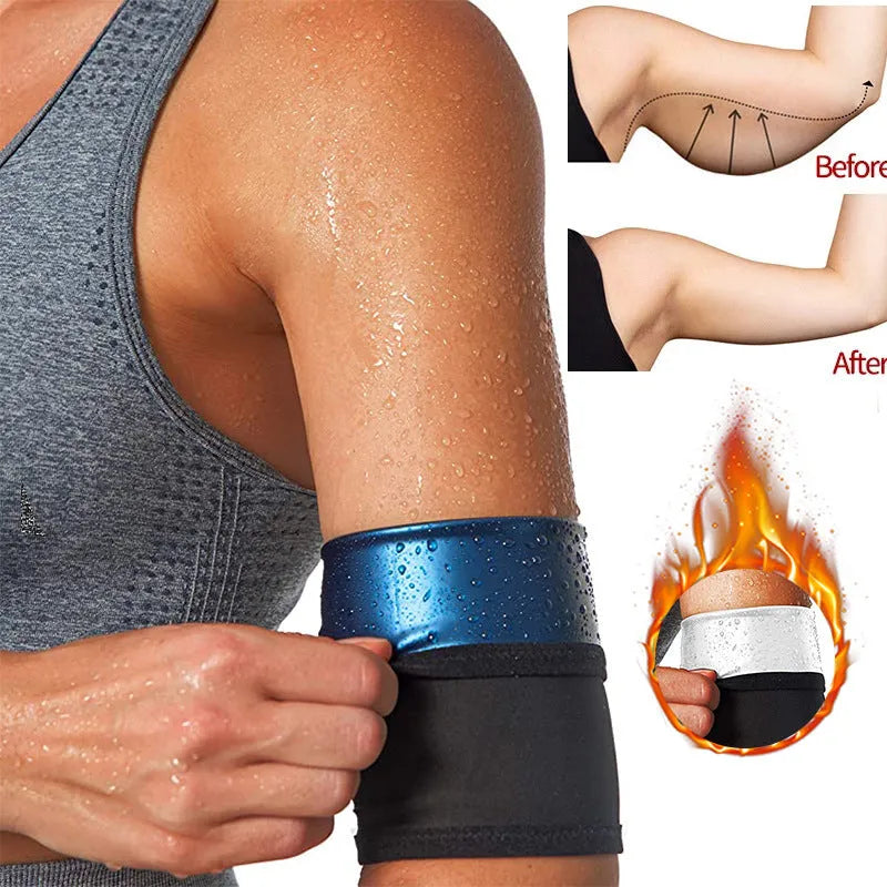 Blue and silver sports arm sweatband shown on an arm, with sizing options available.