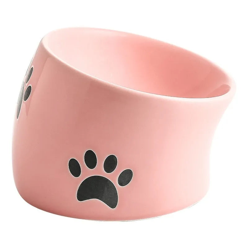 Ceramic cat food bowl with high foot and cat's paw pattern in chosen colour