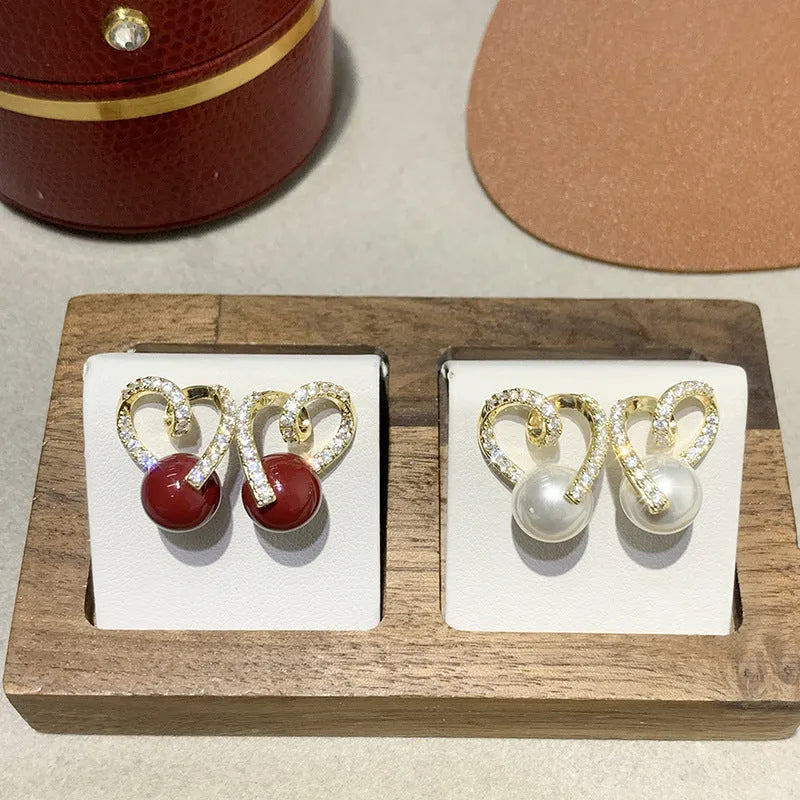 French retro pearl zircon clip-on earrings, crystal flower drop design in gold finish on copper alloy base