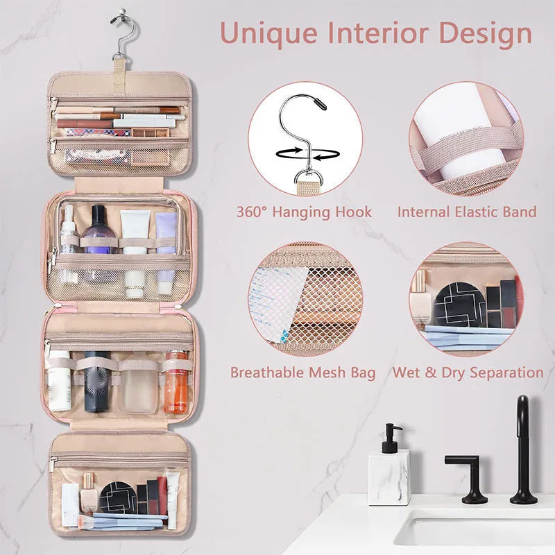 Black or pink waterproof hanging cosmetic bag with dimensions 30.5cm wide by 11cm deep by 22.9cm tall