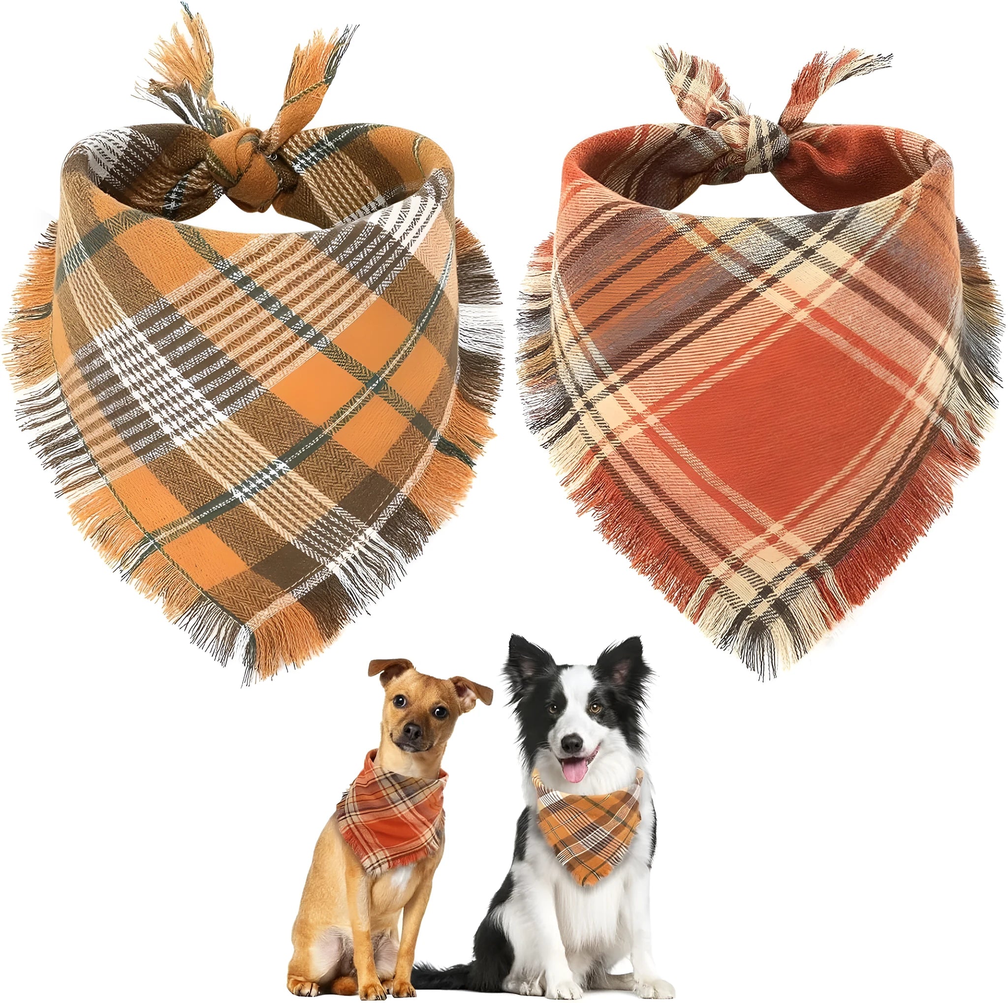 Plaid pattern dog bandana with tassels in autumn colours on pet collar