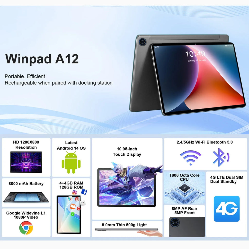 10-inch bare metal blue tablet in a leather keyboard case on a desk