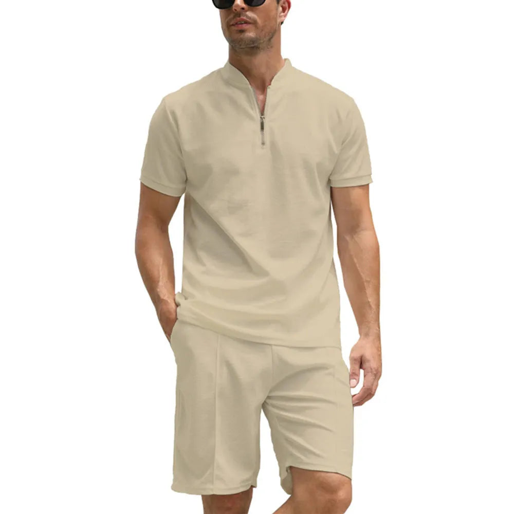 Men's solid colour short sleeve polo shirt and matching trousers two-piece suit set