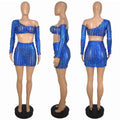 Women's black hollow-out mesh sleeveless top and matching short skirt two-piece set.