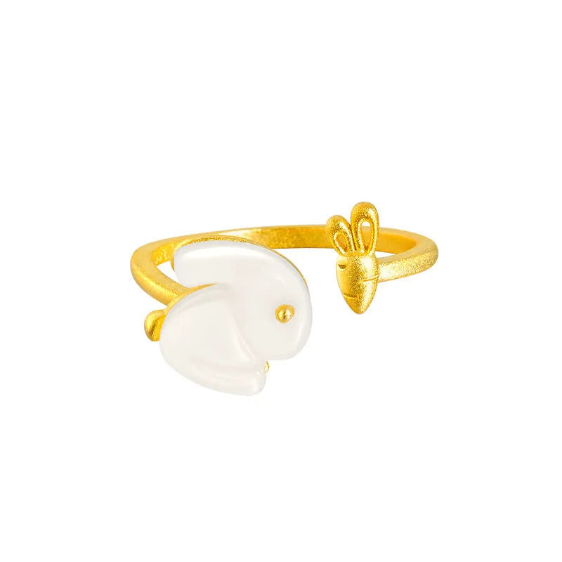 925 sterling silver jade hare ring with round shape and adjustable opening on white background
