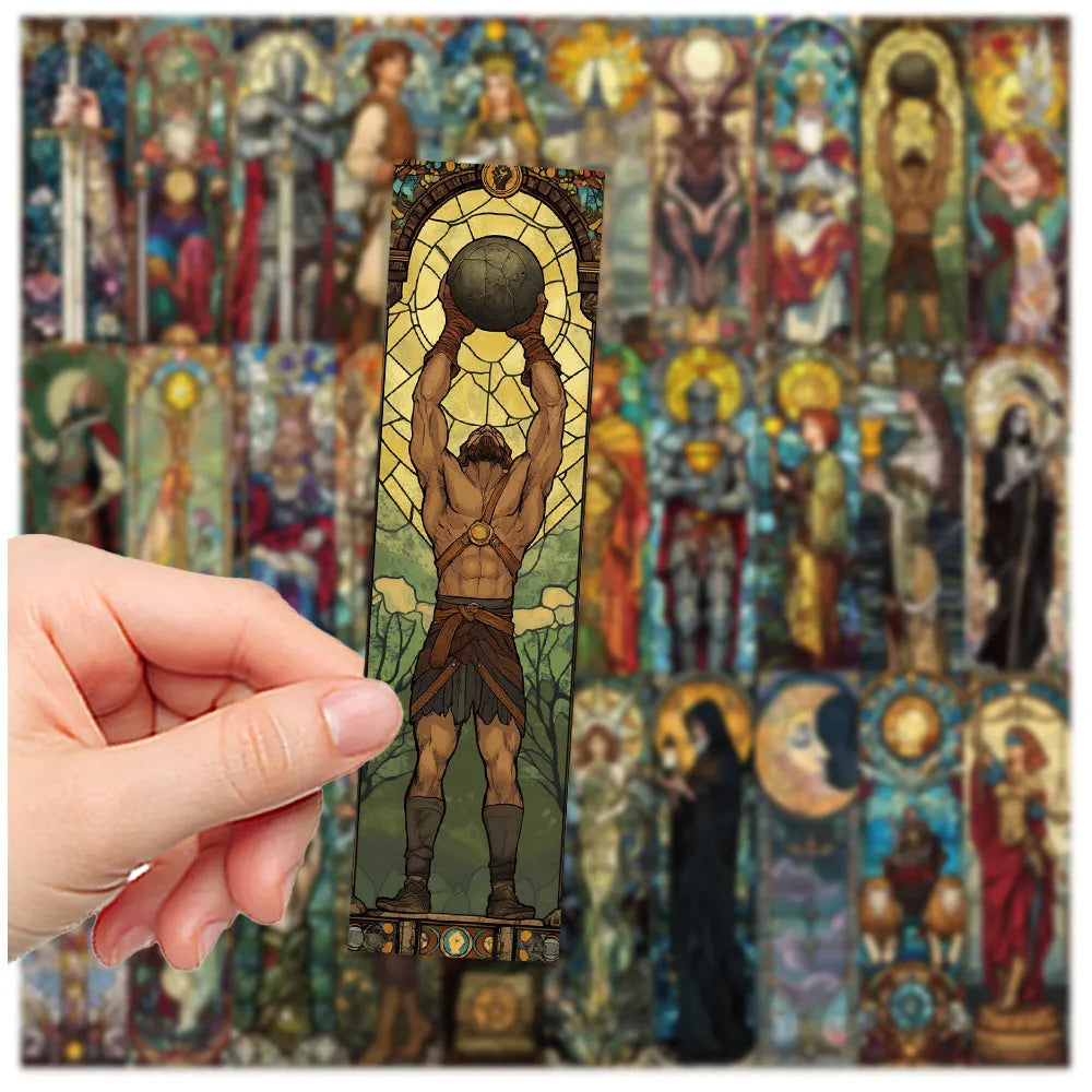 Set of 30 paper tarot bookmarks with painted glass designs in a cute homemade style.