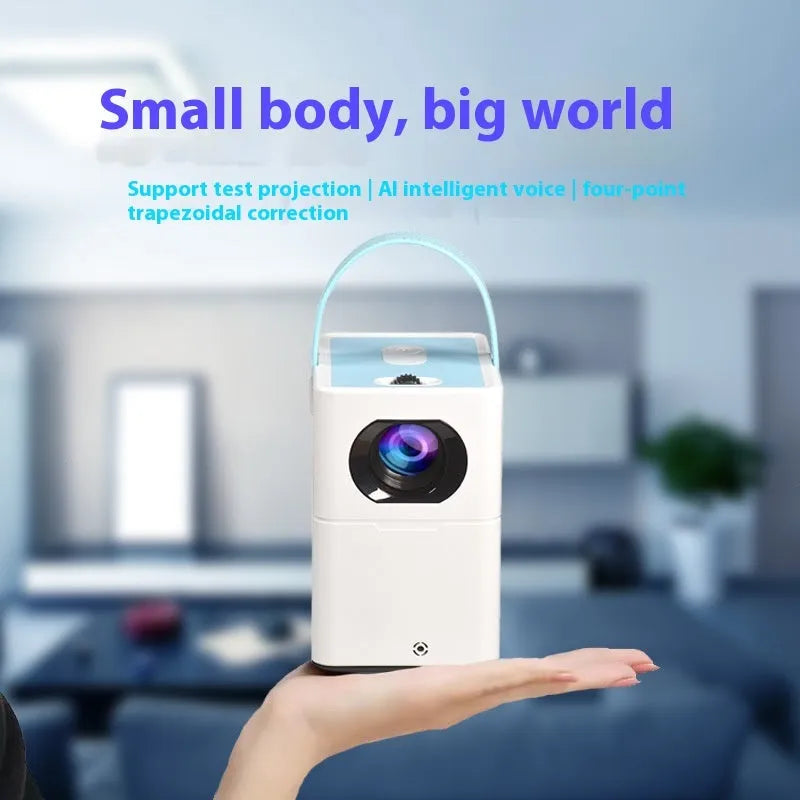 Smart Android HD projector with remote control showing 1280x800 resolution and 380 lumens specifications