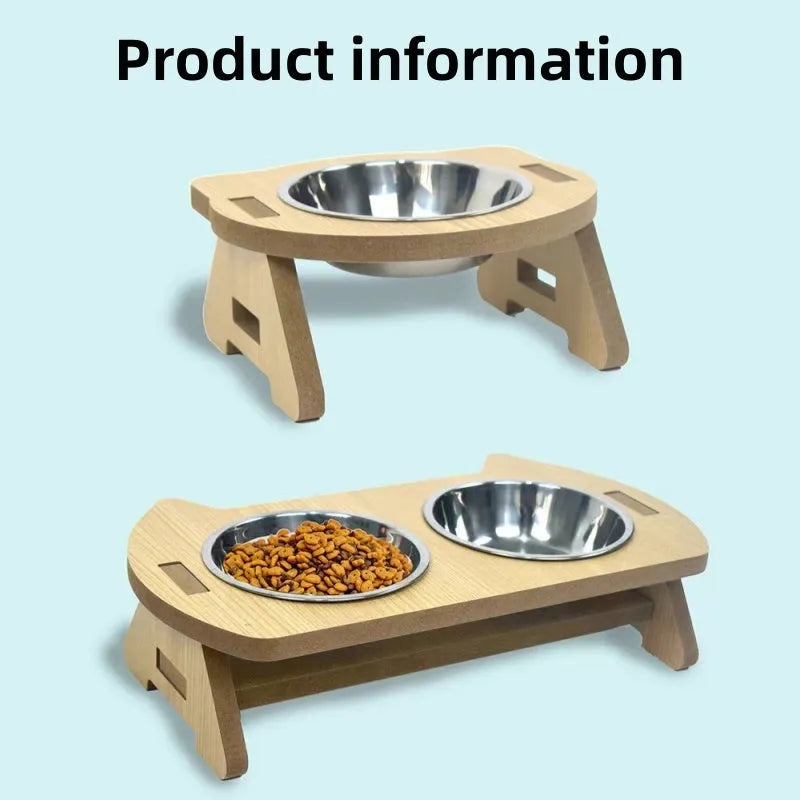 Wooden stand cat feeder with a stainless steel bowl for food and water