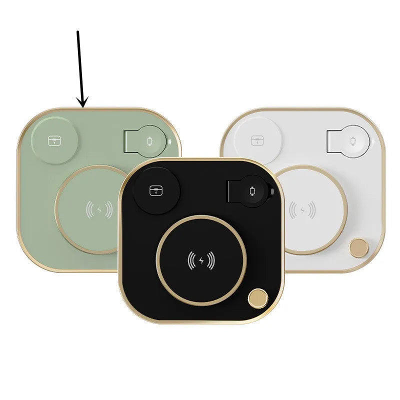 Black three-in-one wireless magnetic charger with desk lamp and USB cable on a wooden desk.