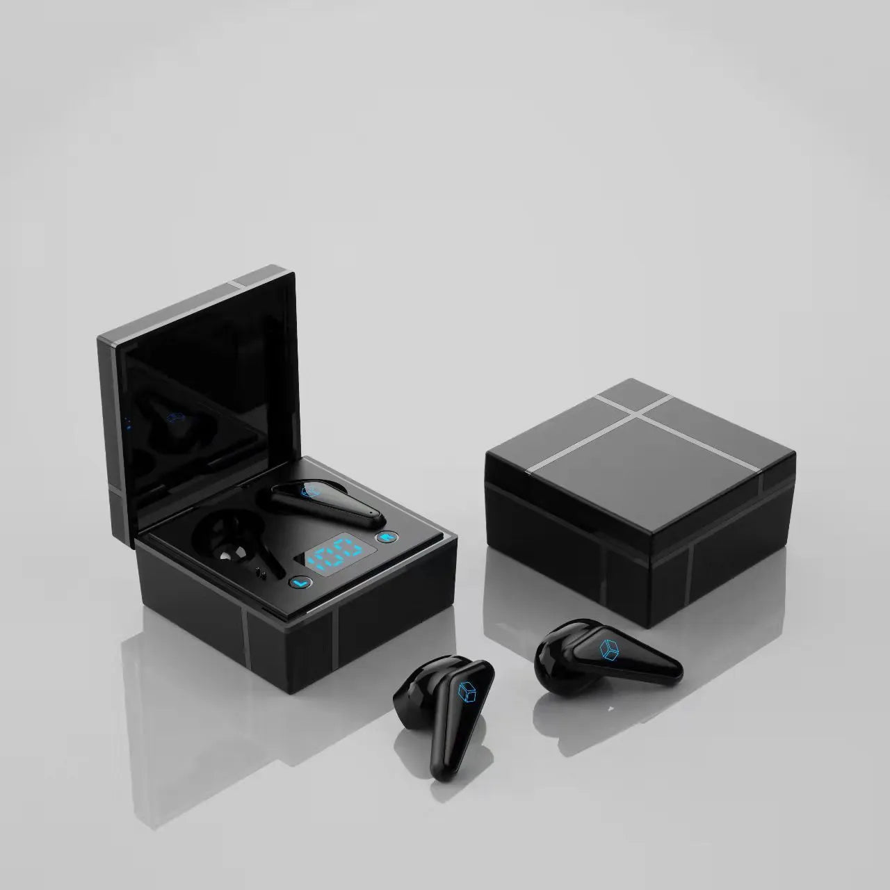Wireless gaming headset with digital display showing status information, available in blue and white colour option