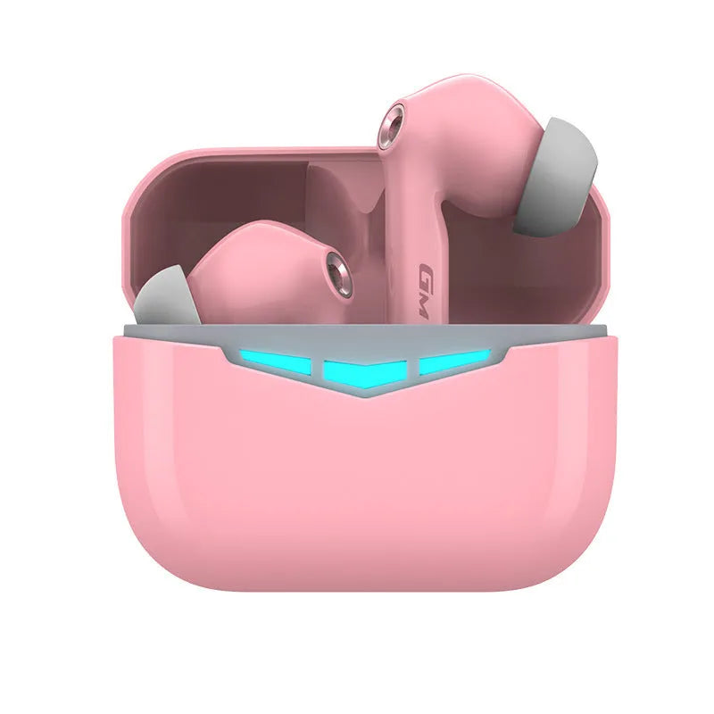 True wireless black gaming earbuds with charging case and three sets of coloured silicone ear tips.