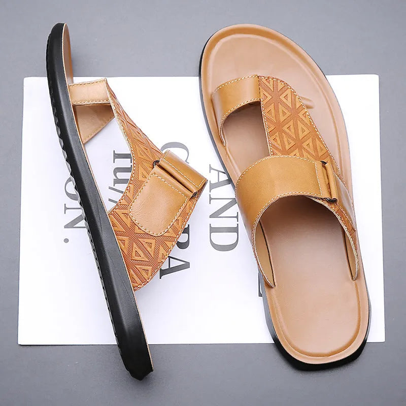 Men's casual beach slippers with cowhide upper and rubber sole in light brown colour
