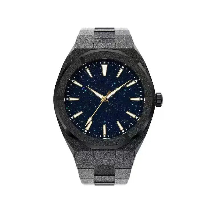 Business men's watch with frosted stainless steel case and luminous hands in silver, gold, and black colour options