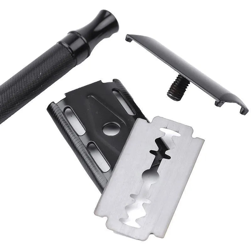 Traditional manual shaving razor and brush set in black or silver finish for beard grooming