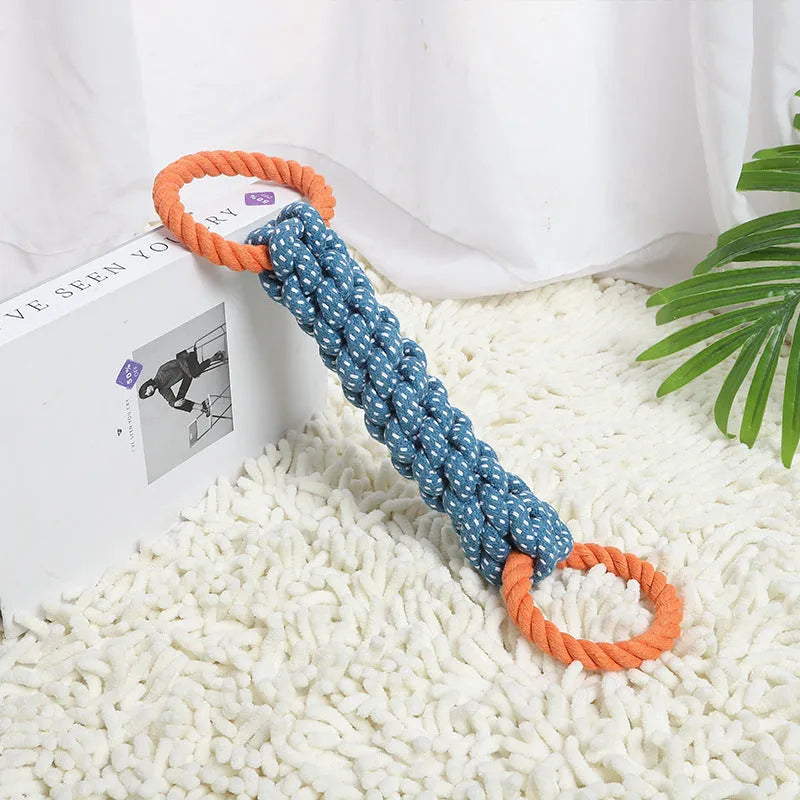 Blue double-ring dog chew toy with braided cotton bone rope measuring 37cm long