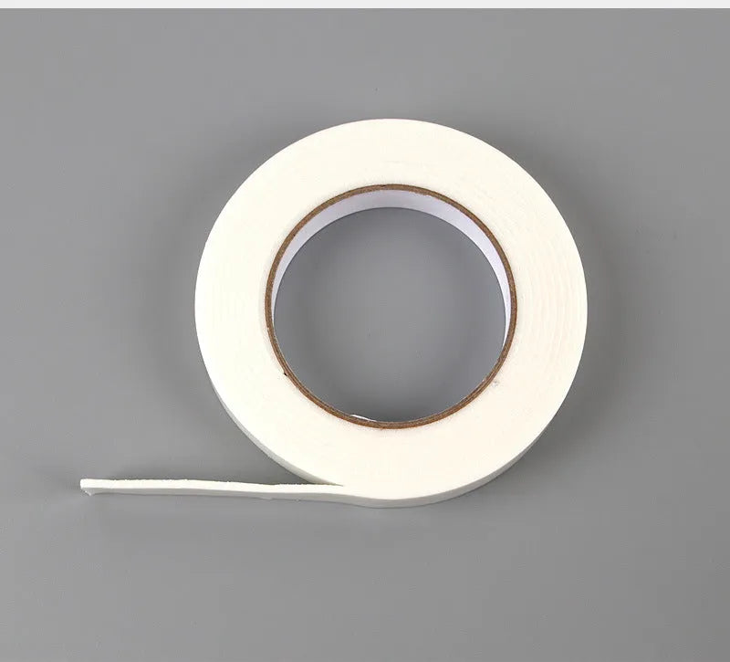 Foam double-sided adhesive tape roll showing 3mm thickness with measurements for 15mm, 18mm, and 30mm width options