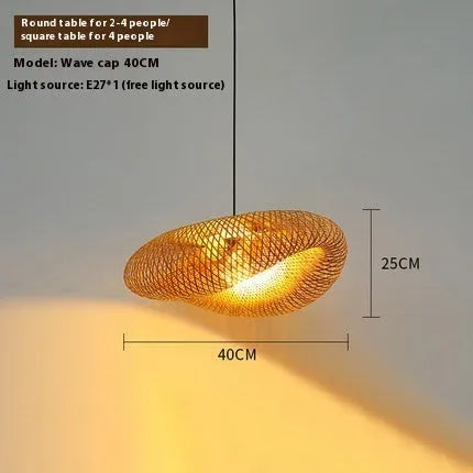 Natural bamboo straw hat-shaped pendant lamp shade hanging from a ceiling, showing its woven texture.