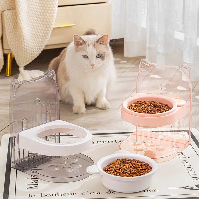 Grey cat bowl with anti-spill cat ear edges and removable hanging cage attachment for pet enclosures