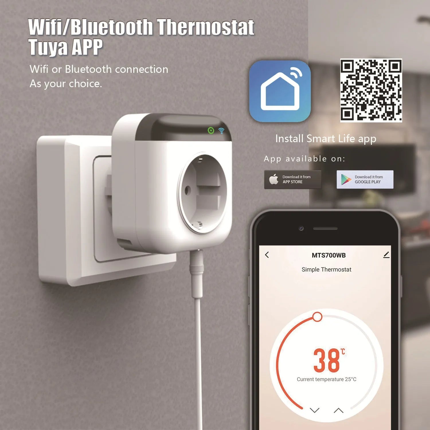 White Tuya smart temperature control switch socket with US 3-pin outlet and separate temperature sensor probe.